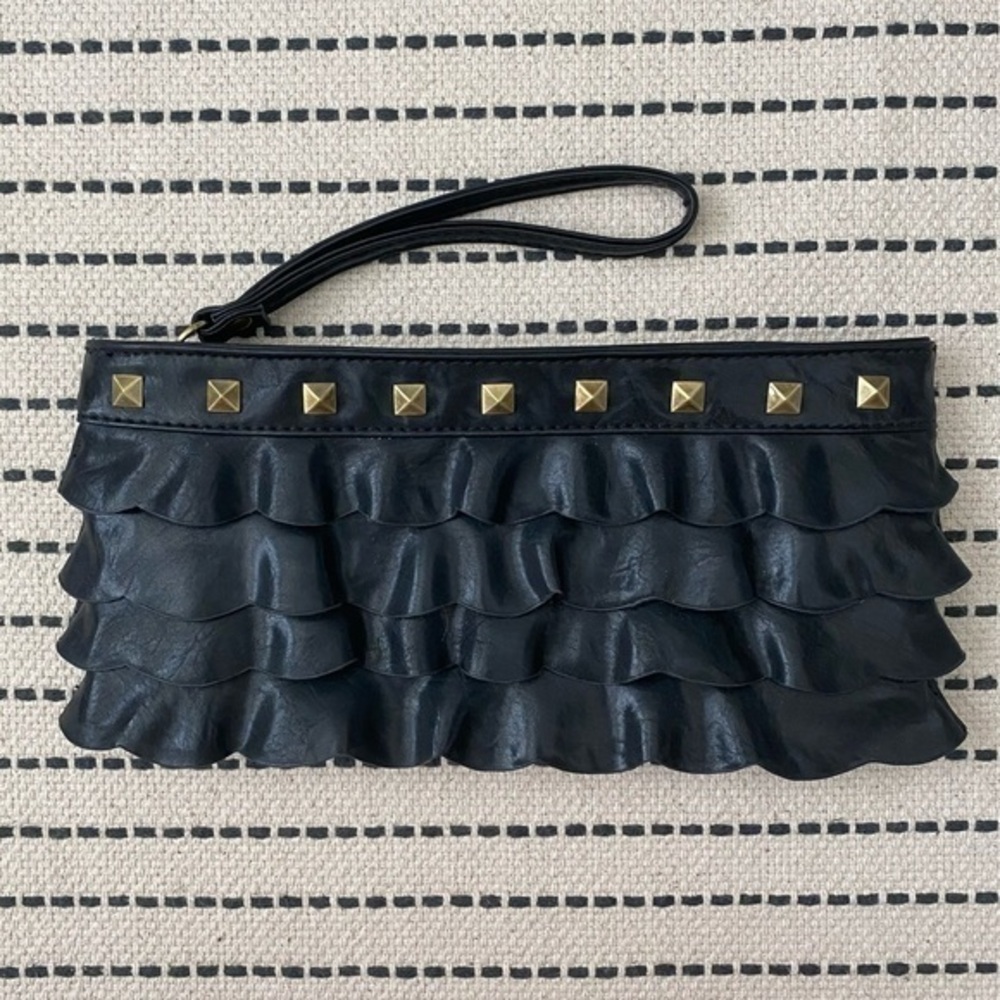 Cute Black Ruffled Faux Leather Clutch Purse with Gold Stud Details 11” x 5”